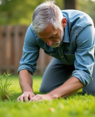 Homme d'âge moyen en vêtements de jardinage arrosant la pelouse