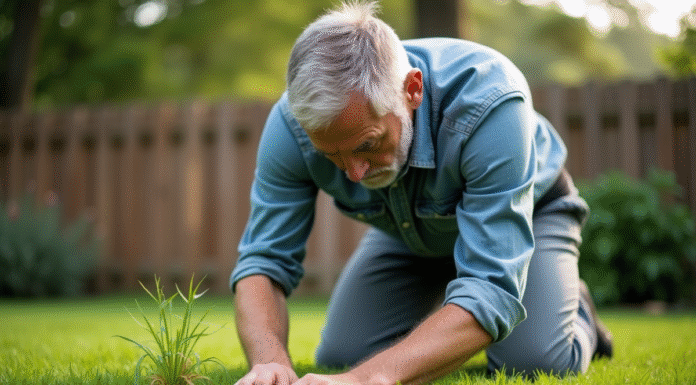 Homme d'âge moyen en vêtements de jardinage arrosant la pelouse