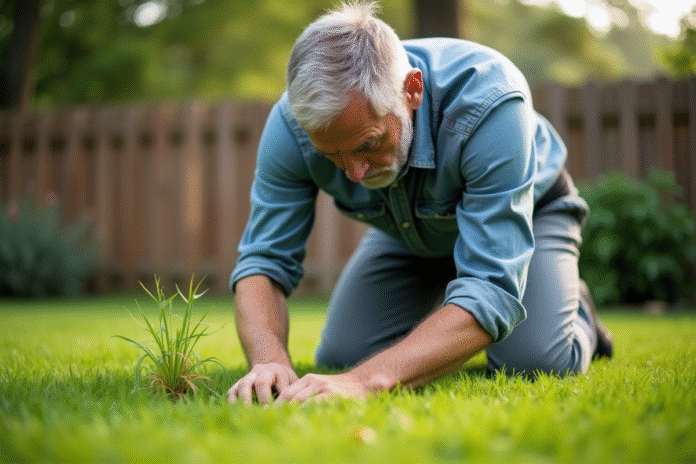 Homme d'âge moyen en vêtements de jardinage arrosant la pelouse