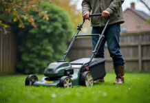 Homme en plein jardinage avec tonte électrique sous la pluie
