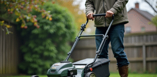Homme en plein jardinage avec tonte électrique sous la pluie