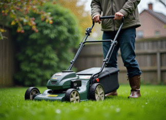 Tondre l’herbe humide : avec une tondeuse électrique, les précautions à prendre Homme en plein jardinage avec tonte électrique sous la pluie