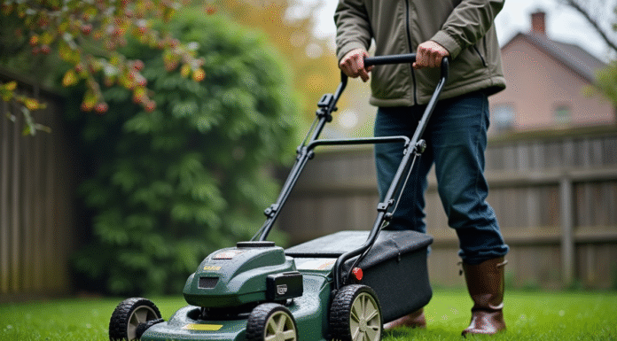 Homme en plein jardinage avec tonte électrique sous la pluie