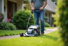 Homme d'âge moyen guidant une tondeuse électrique dans un jardin