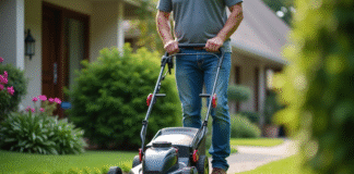 Homme d'âge moyen guidant une tondeuse électrique dans un jardin