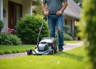 Puissance tondeuse gazon électrique : bien choisir pour jardin impeccable ! Homme d'âge moyen guidant une tondeuse électrique dans un jardin