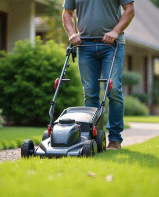 Homme d'âge moyen guidant une tondeuse électrique dans un jardin