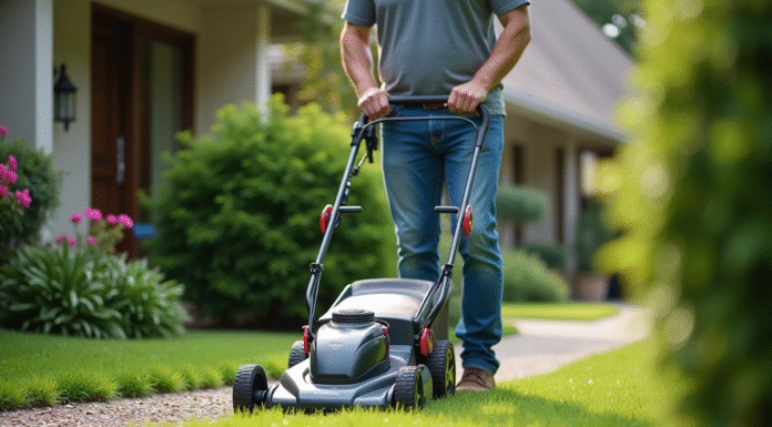Homme d'âge moyen guidant une tondeuse électrique dans un jardin
