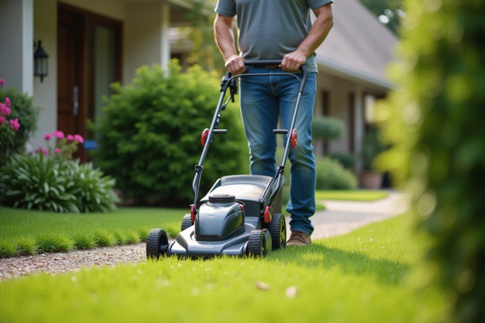 Homme d'âge moyen guidant une tondeuse électrique dans un jardin