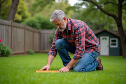 Homme mesurant la hauteur de la haie dans un jardin