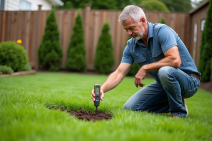 Homme mesurant l'humidite du sol dans un jardin