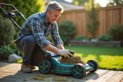 Homme d'âge moyen nettoie une tondeuse électrique dans le jardin