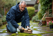 Produit naturel pour enlever mousse : nos astuces pratiques et efficaces ! Homme moyenâgeux nettoyant la mousse sur un patio en pierre