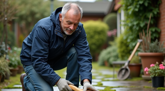 Homme moyenâgeux nettoyant la mousse sur un patio en pierre
