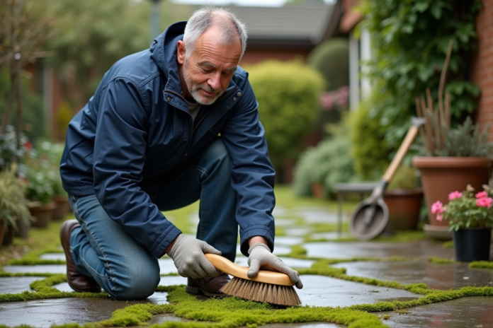 Homme moyenâgeux nettoyant la mousse sur un patio en pierre