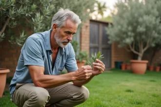 Homme d'âge moyen inspectant des feuilles d'olivier dans un jardin méditerranéen