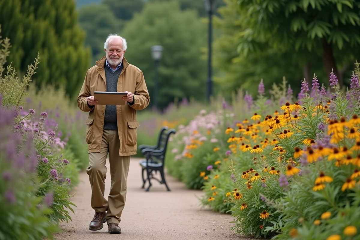Homme senior lit des étiquettes de plantes dans un parc botanique