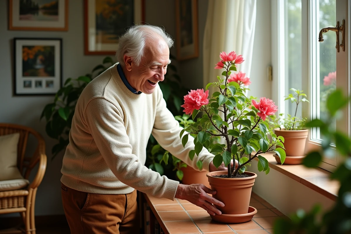 Homme âgé place une bougainvillea dans une véranda lumineuse