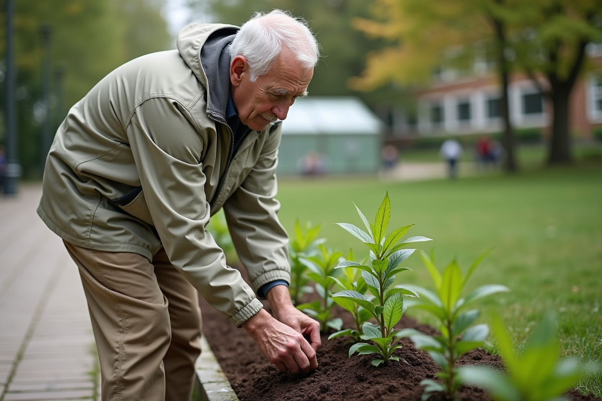 Homme âgé plantant des fleurs dans un parc public