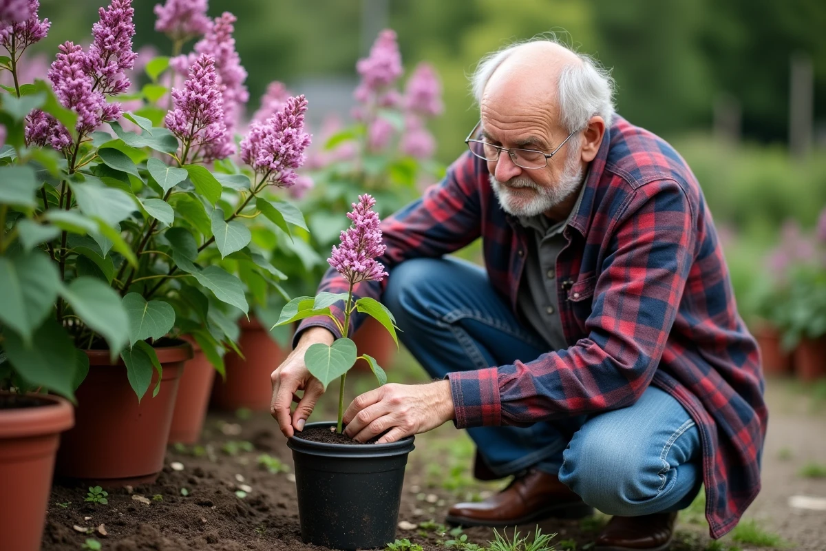 Homme âgé plantant des lilas dans un pot dans un jardin d
