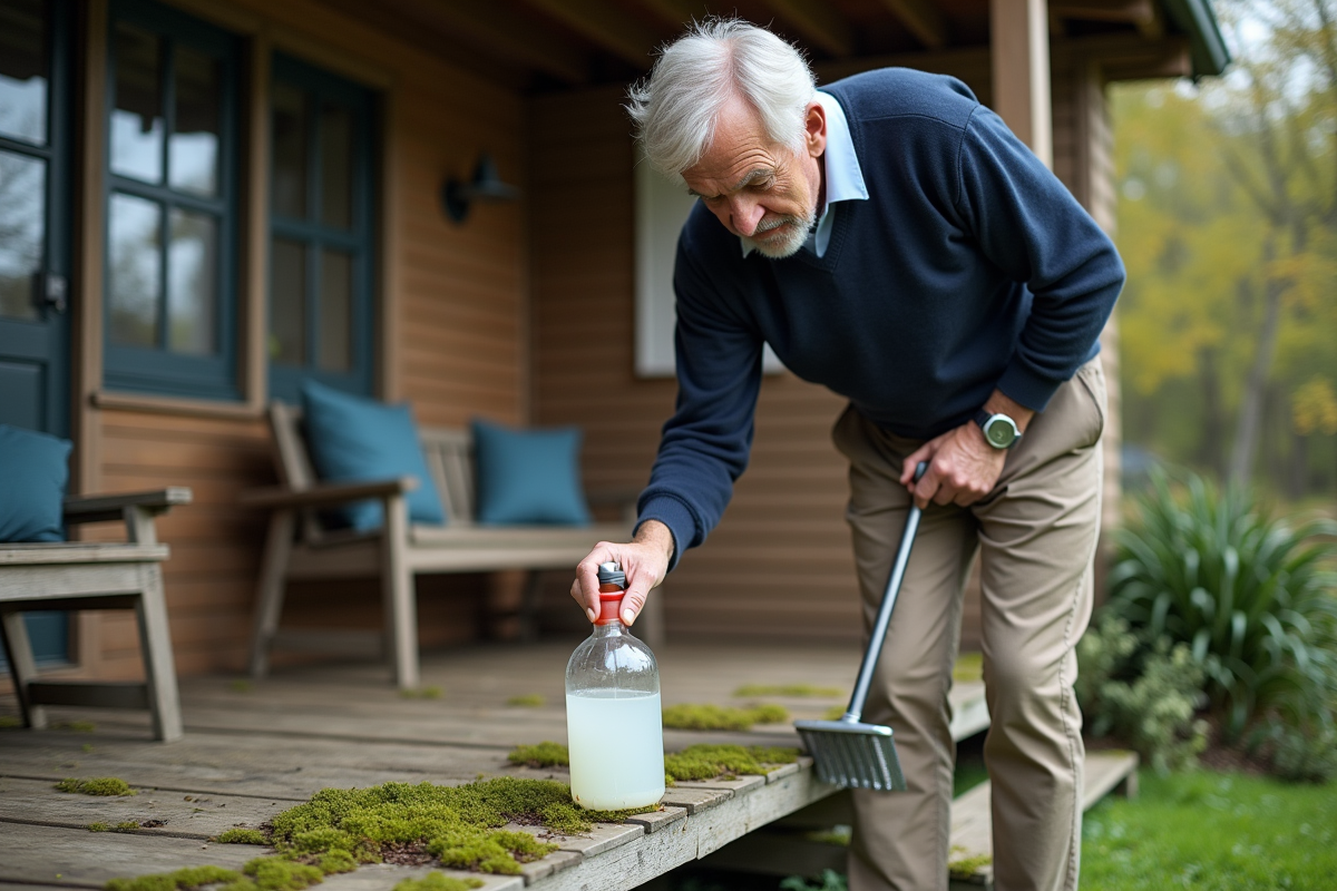 Homme âgé vaporise du vinaigre sur la mousse entre les planches