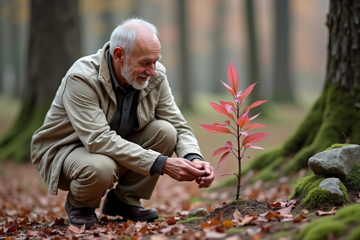 Homme âgé inspectant une jeune pousse dans la forêt