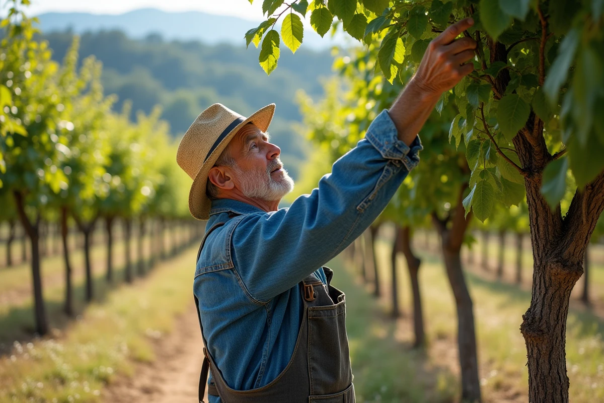Homme âgé taillant un jeune pêcher dans un verger ensoleille