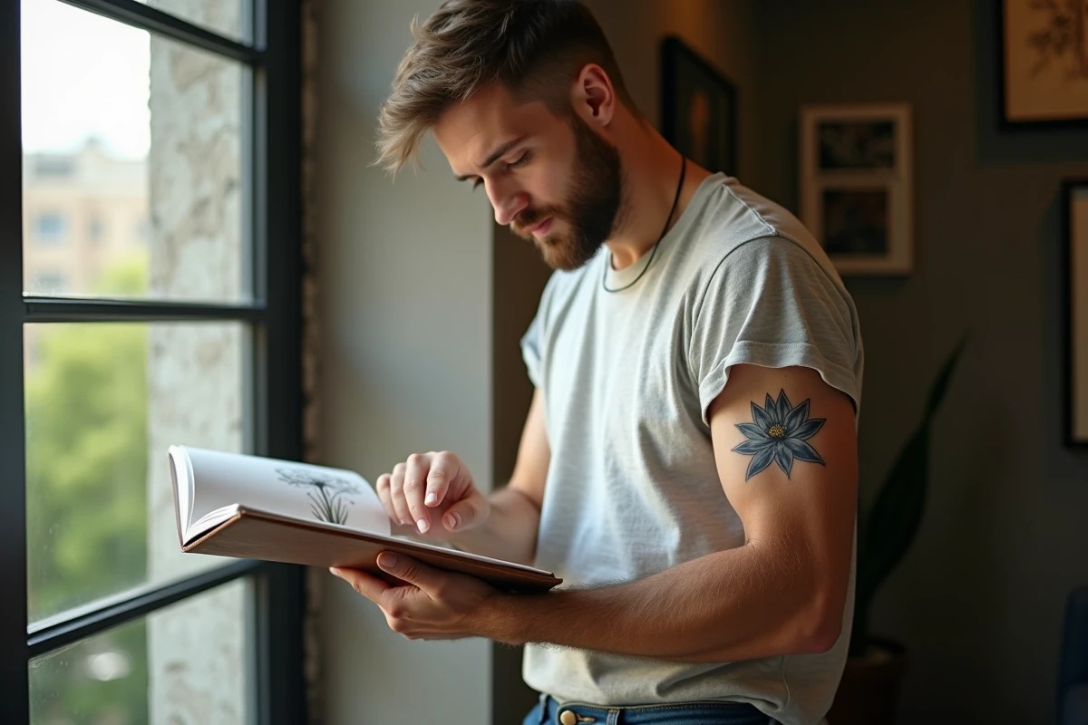 Homme regardant son tatouage lotus dans un studio lumineux