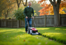 Meilleur moment pour la dernière tonte de gazon : conseils pratiques pour bien entretenir sa pelouse Homme d'âge moyen tondant la pelouse en automne dans un jardin