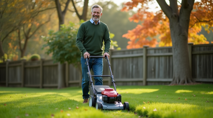 Homme d'âge moyen tondant la pelouse en automne dans un jardin