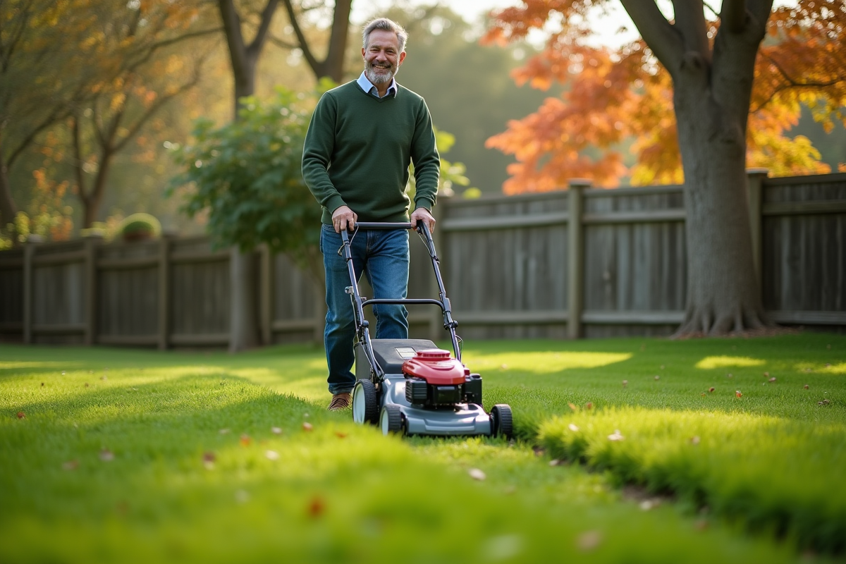 Homme d'âge moyen tondant la pelouse en automne dans un jardin