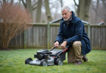 Tonte pelouse hivernage : quel moment choisir ? Homme d'âge moyen inspectant sa pelouse automnale