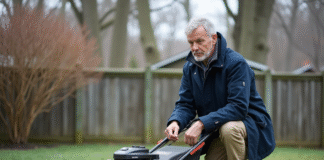 Homme d'âge moyen inspectant sa pelouse automnale