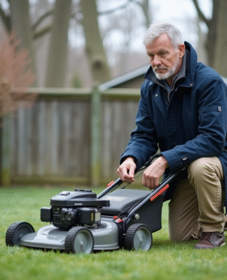 Homme d'âge moyen inspectant sa pelouse automnale