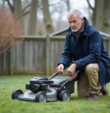 Tonte pelouse hivernage : quel moment choisir ? Homme d'âge moyen inspectant sa pelouse automnale