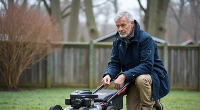 Homme d'âge moyen inspectant sa pelouse automnale