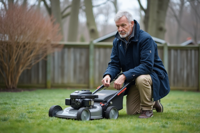 homme-tondant-jardin-automne Homme d'âge moyen inspectant sa pelouse automnale