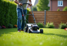 Homme en jeans et chemise courte pousse une tondeuse moderne dans un jardin