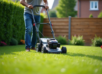 Meilleure tondeuse pour 500m2 : comparatif et conseils d’achat Homme en jeans et chemise courte pousse une tondeuse moderne dans un jardin