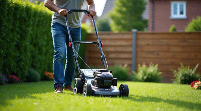 Homme en jeans et chemise courte pousse une tondeuse moderne dans un jardin