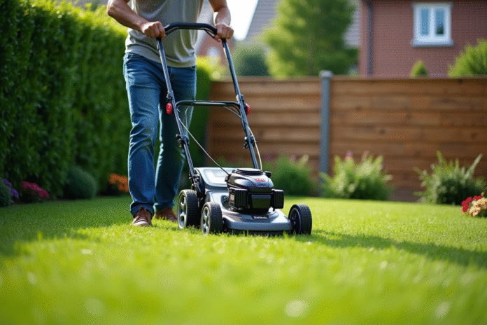 Homme en jeans et chemise courte pousse une tondeuse moderne dans un jardin