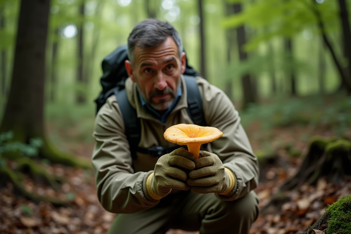 Randonneur examinant attentivement un bolet à chair jaune en forêt pour identifier les signes de confusion avec des espèces toxiques