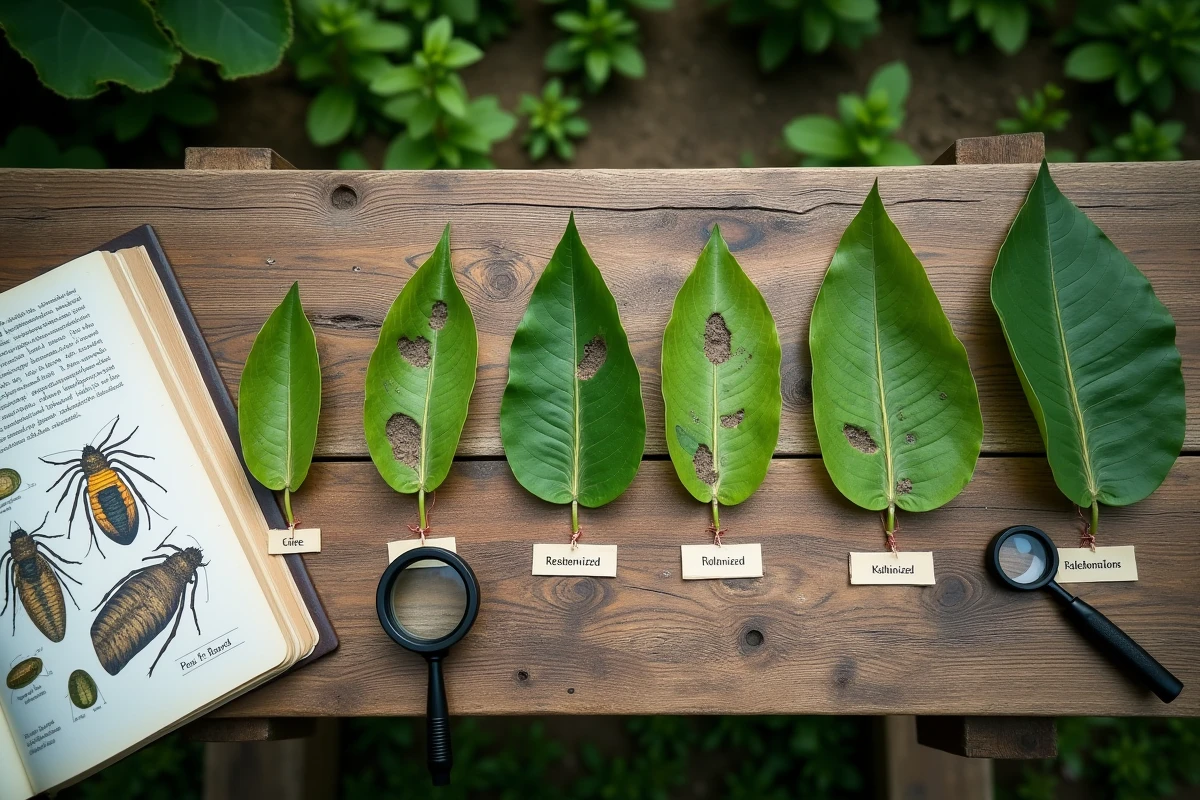 Établi de jardinage avec feuilles endommagées par différents ravageurs, étiquettes d'identification et loupe pour analyse