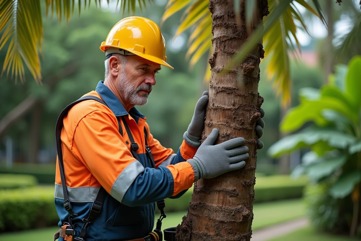 Arboriste inspectant un tronc de palmier pour des larves