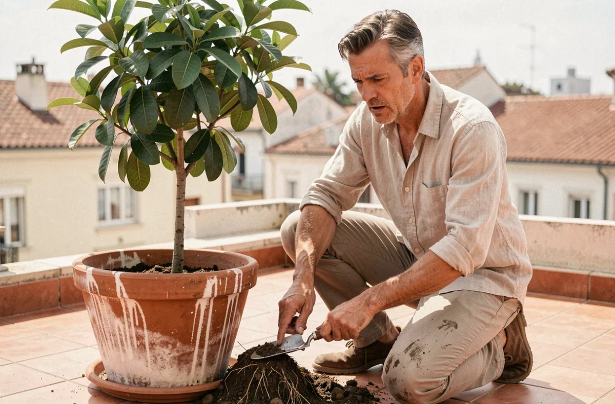 Jardinier inspectant le sol d'un goyavier en pot sur une terrasse urbaine, pot avec dépôts minéraux visibles