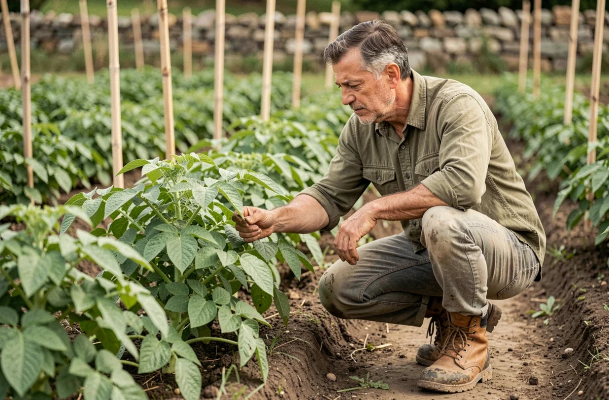Jardinier inspectant les feuilles de plants de pommes de terre columbia en pleine croissance au potager