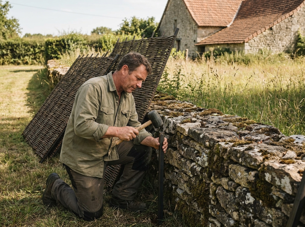 Homme installant les poteaux d'un brise-vue dans un jardin de campagne français avec un mur en pierre et une maison en arrière-plan