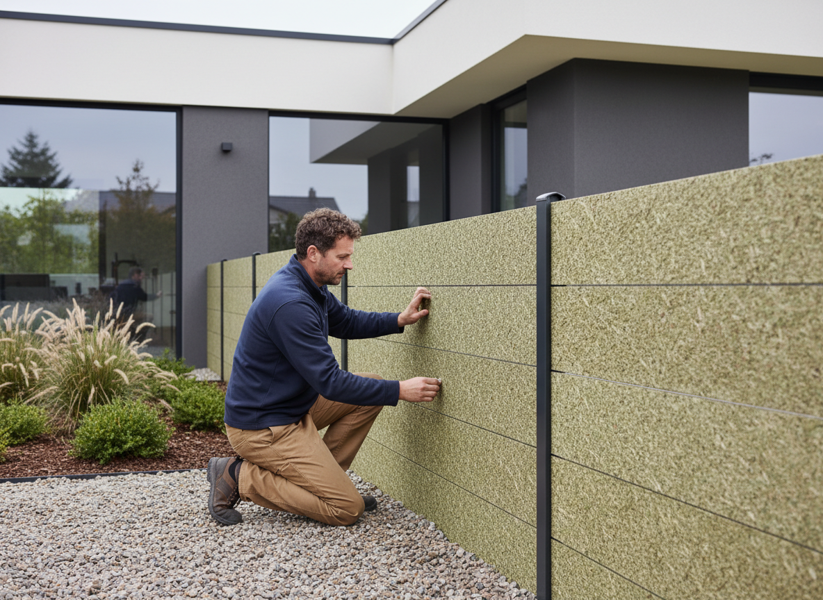 Homme installant une cloture modulable en matériaux recyclés