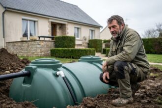 Professionnel installant une cuve enterrée en polyéthylène dans un jardin résidentiel