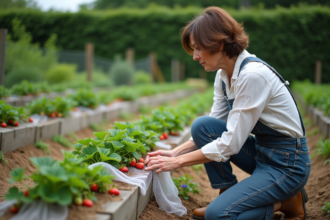 Femme plantant un filet sur des fraises dans le jardin